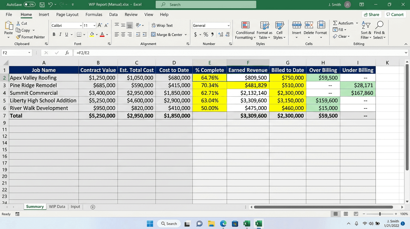 WIP report built manually in Microsoft Excel